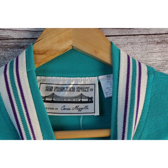 Vintage San Francisco Sport Medium Half Striped Teal Pullover Sweater - Picture 4 of 5